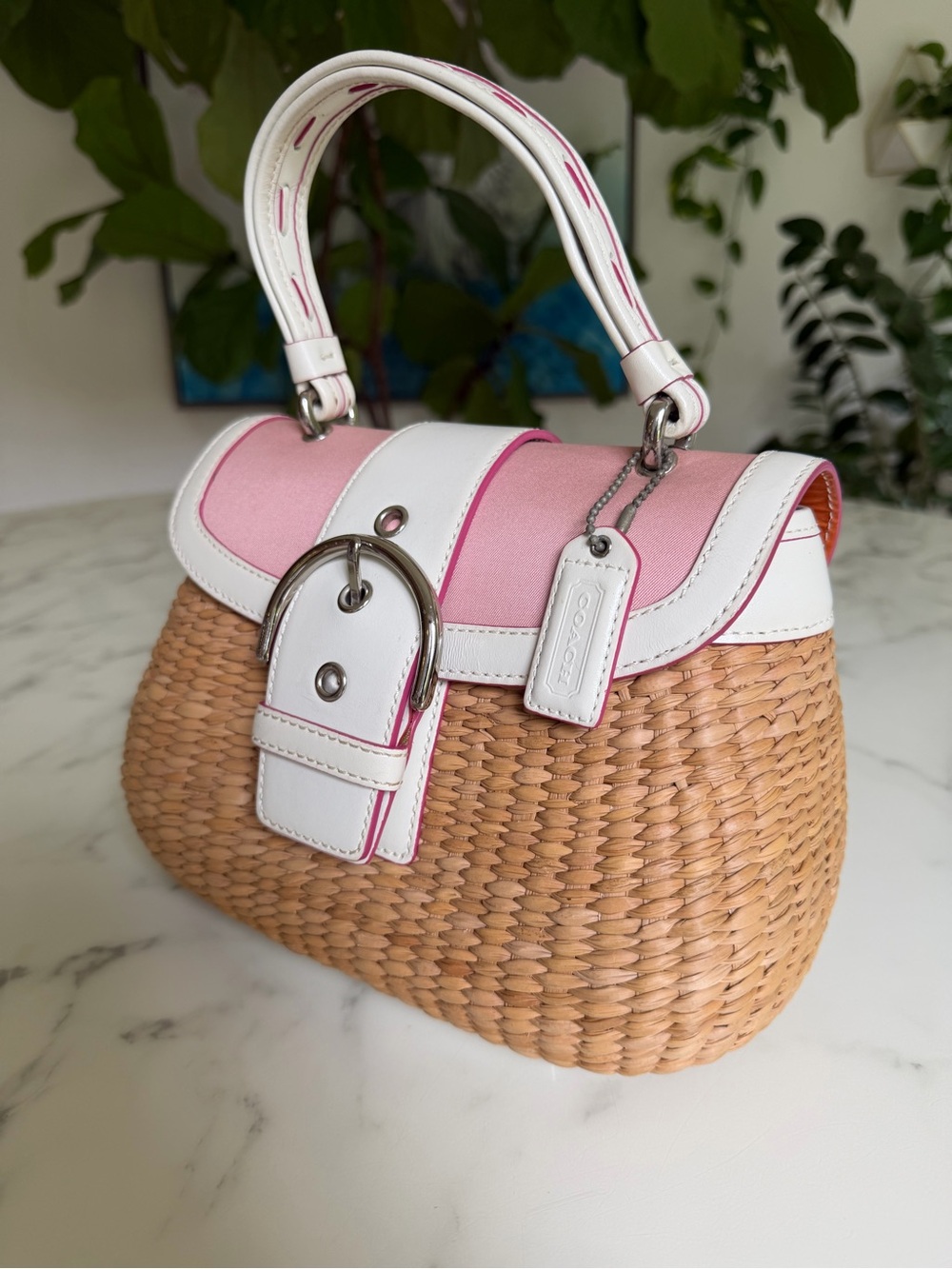 Coach Vintage Y2K Soho Straw Top Handle Basket Satchel Bag 6272 Pink White - Picture 15 of 16
